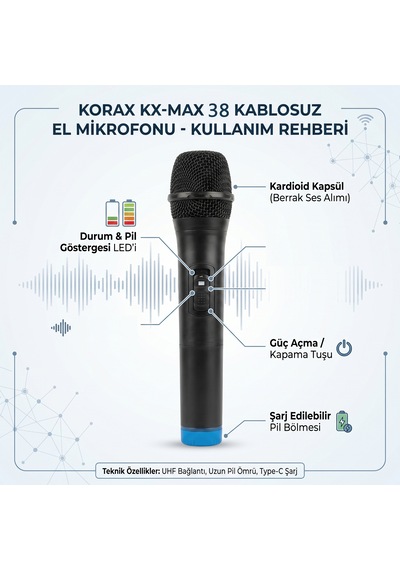 Korax Kx-max38p 400w Taşınabilir Akülü Tekerlekli Bluetooth Hoparlör Ses Sistemi 12v 7ah / Tws / Led / Karaoke