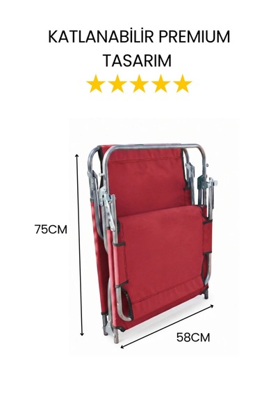 Gölgelikli Premium Katlanabilir Yastıklı Lüks Şezlong Kırmızı Havuz, Bahçe, Teras Sandalyesi