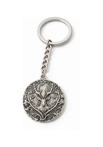 Geyik Başlı Yaşam Ağacı Motifli Gümüş Renk Metal Unisex Anahtarlık
