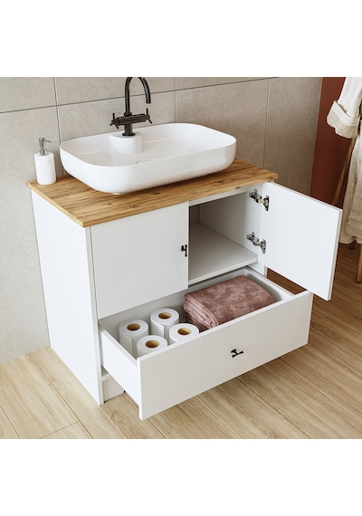 Lavabolu Mdf 80 Cm Çekmeceli Banyo Dolabı + Aynalı Üst Dlp Atlantik Çam - Beyaz Lavabolu Mdf 80 Cm Çekmeceli Banyo Dolabı + Aynalı Üst Dlp Atlantik Çam - Beyaz