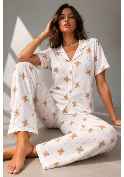 Kadın Klasik Doğal Düğme Gece Kırık Beyaz Pijama Takımı