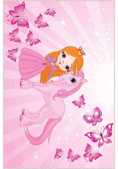Pembe Kaymaz Tabanlı Unicorn Prensesli Çocuk Halısı Kd076n11