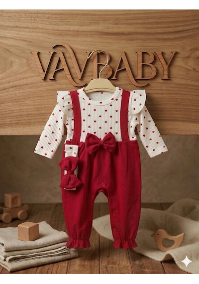 Kız Bebek Kalp Desenli Fırfırlı Body Ve Kırmızı Fiyonklu Salopet Tulum Ve Bandana Seti Çok Renkli