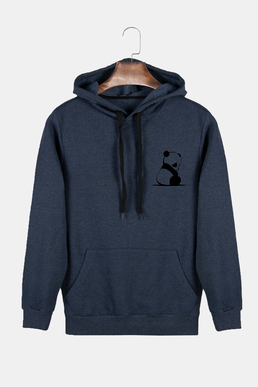Veaven Unisex Indigo Kapüşonlu Panda Baskılı Slim Fit Kanguru Cepli Sweatshirt İndigo