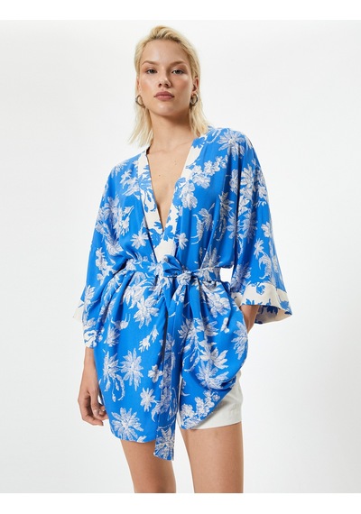 Koton Oversize Kimono Viskon Çiçekli Kuşaklı Mavi Desenli 4sak50028ew Mavi Desenli