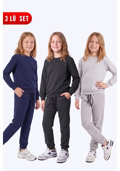 Fyk Kids Kız Çocuk 3'lü Düz Bisiklet Yaka Çift Cepli Eşofman Takımı Lacivert-füme-gri Fyk Kids Kız Çocuk 3'lü Düz Bisiklet Yaka Çift Cepli Eşofman Takımı Lacivert-füme-gri