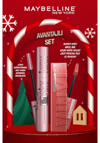 Maybelline New York Lash Sensational Sky High Maskara & Super Stay Vinyl Ink Uzun Süre Kalıcı Likit Parlak Ruj 15 Peachy pktlsshsstyvnly-9356 0