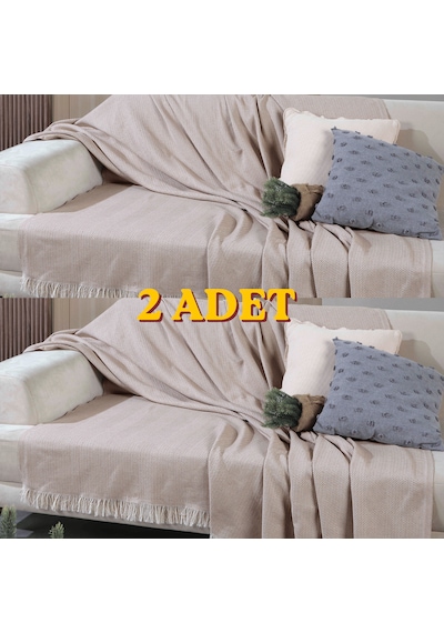 170 210 Cm Pamuklu Önden Saçaklı 170x210 Koltuk Örtüsü 2'li Paket Açık Bej