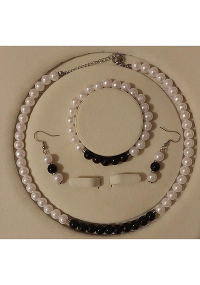 Siyah&beyaz İnci Set, A Kalite Boncuk İnci Paslanmaz Çelik Kolye, Bileklik Ve Küpe Takımı Multi Tek Ebat Çok Renkli