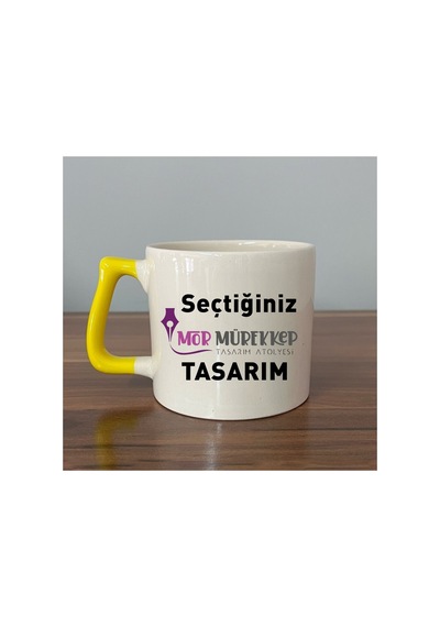 Seçtiğin Tasarım & Isim Baskılı Mavi Kulplu Prime Kupa Bardak Fincan Mug Prime Kupa - Sarı Kulp