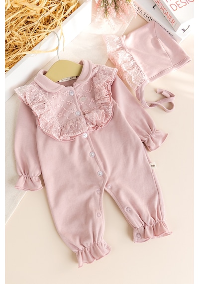 Babymod Güpürlü Şapkalı Bebe Yakalı 100% Pamuk Kız Bebek Tulum Gülkurusu