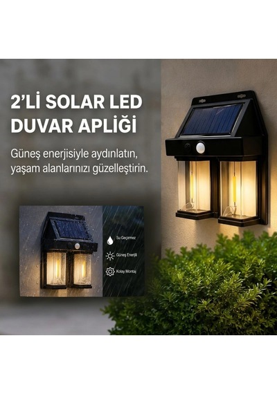 2&amp 39 Li Solar Güneş Enerjili Led Duvar Apliği, Hareket Sensörlü, Şarjlı, Kablosuz Dış Mekân Bah