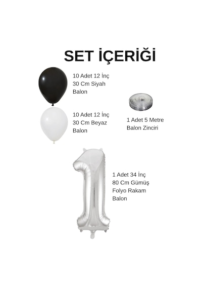 2 Yaş Siyah Beyaz Taraftar Temalı Doğum Günü Seti Siyah Beyaz Balonlar Gümüş Folyo Rakam Siyah
