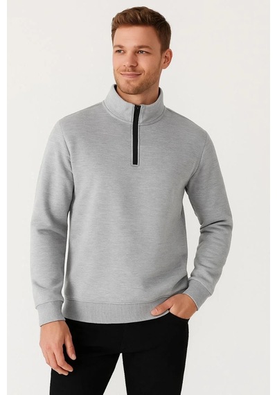 Erkek Dik Yaka Sweatshirt Dik Yaka Yarım Fermuarlı 3 İplik Şardonlu Pamuk Kumaş - Gri Gri