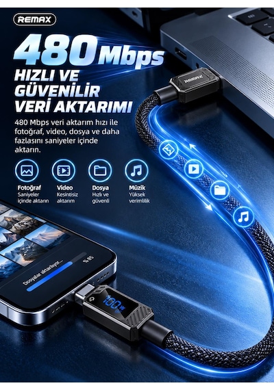 Remax Suxien Rc-c069 100w Pd Dijital Ekranlı Type-c To Type-c Hızlı Şarj Ve Data Kablosu 1.2 Metre Siyah