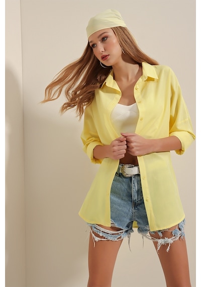 Bigdart 3900 Oversize Uzun Basic Gömlek - Sarı 001