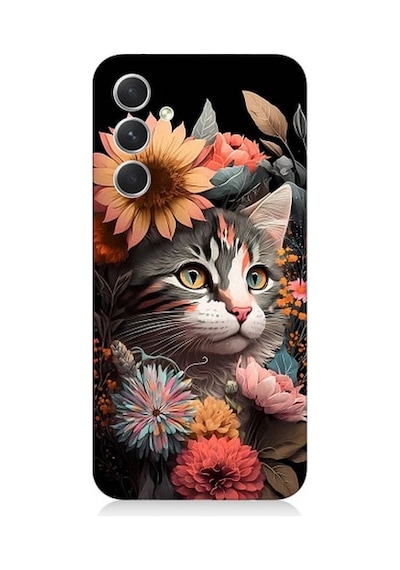 Samsung Galaxy A34 Uyumlu Çiçekler Ve Kül Gri Kedi Desenli Silikon Kılıf