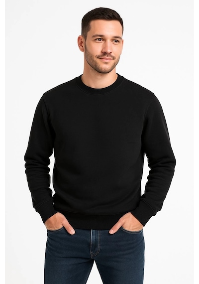 Erkek 3 İplik Pamuklu Düz Bisiklet Yaka Sweatshirt - Siyah