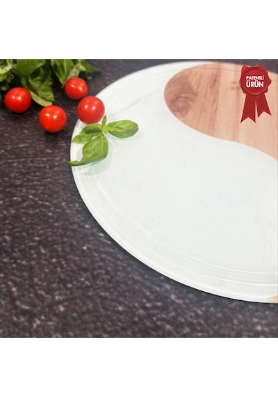 Kanallı Cam Kesme Tahtası - Yin Yang - Çap32cm - Patentli Ürün