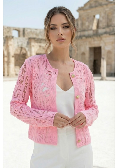Sayzen Your Shine Dantel Desenli Gold Düğmeli Basic Ceket Shn-2602-tg Pembe