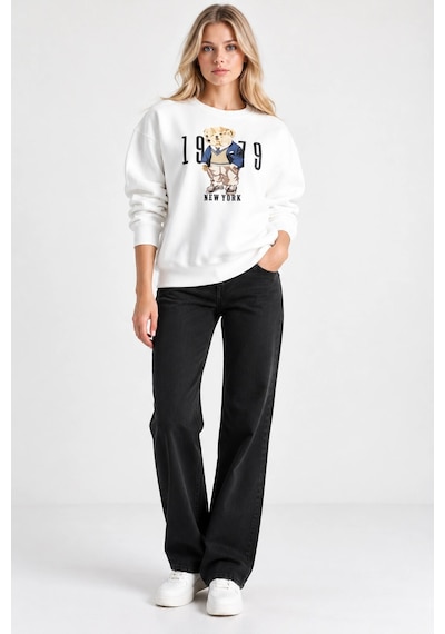 Mevese Kadın Beyaz Teddy Nakışlı Bisiklet Yaka Sweatshirt - Peluş Kabartma Nakış Detaylı Rahat Kesim Sweat-
