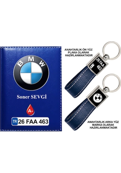 Plakanıza Özel Bmw Logolu Lacivert Ruhsat Kabı Ve Anahtarlık