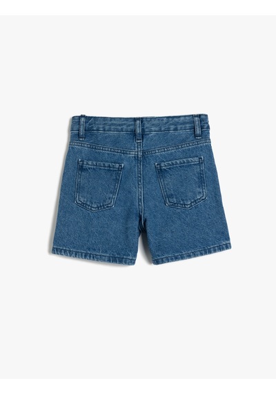 Koton Pamuklu Yüksek Belli Örgü Detaylı Denim Şort Lıght Indıgo 5skg40104ad Açık Mavi