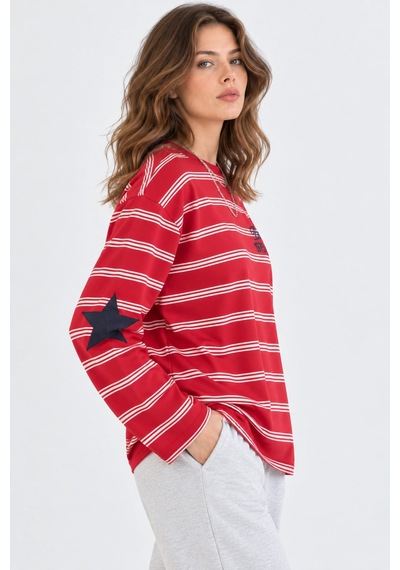 Mevese Kadın Oversize Paris Baskılı Çizgili Bisiklet Yaka Sweatshirt - Kırmızı