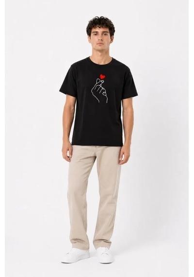 Efnaz Style Erkek Kore Parmak Kalp Aşk Temalı Minimal Baskılı Tişört Yazlık Kısa Kol T-shirt - Siyah