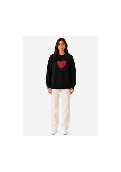 Herkesemoda Kırmızı Kalp Baskı Detaylı Şardonlu 2 İplik Bisiklet Yaka Sweatshirt Siyah