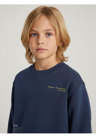 Zekids Erkek Çocuk Pamuklu V Yaka Baskılı Sweatshirt-16702 Indigo