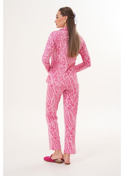 Çift Kaplan Kadın Pamuk Gömlek Yaka Önden Düğmeli Pembe Pijama Takımı 7023 Pembe