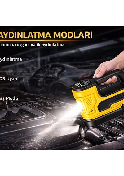 Araç Lastik Hava Kompresörü 150 Psı 12v Çakmaklık Girişli Taşınabilir Dijital Göstergeli Led Işıklı Hava Pompası Sarı
