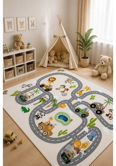 STY Home Safari Beyaz Çocuk Oyun Halısı Kaymaz Makinede Yıkanabilir Eğitici Bebek Ve Çocuk Odası Halısı Oyun66