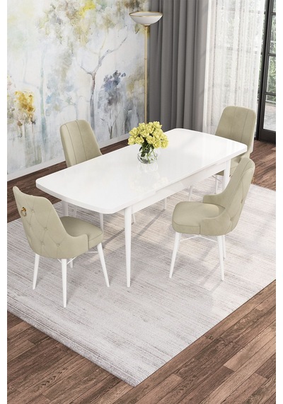 Mona Beyaz 80x132 Açılabilir Mdf Masa Yemek Odası Takımı, Mutfak Takımı 4 Adet Sandalye Beyaz Masa - 4 Krem - Beyaz Ayak Mona Beyaz 80x132 Açılabilir Mdf Masa Yemek Odası Takımı, Mutfak Takımı 4 Adet Sandalye Beyaz Masa - 4 Krem - Beyaz Ayak