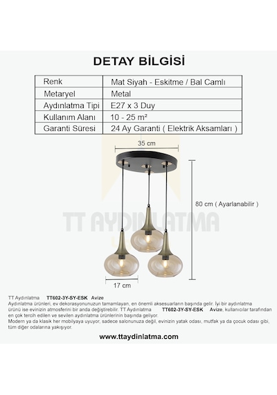 Tt602-3y-sy-esk Tt Ayd. Mat Siyah - Eskitme 3 Lü Hunili Tom Avize Siyah - Eskitme