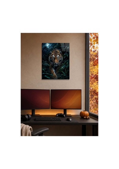 Kaplan Metal Poster Dolunay Ve Tropikal Orman Manzaralı Vahşi Hayvan Dekoratif Duvar Tablosu Çok Renkli - 938045792 Çok Renkli - 938045792 Çok Renkli