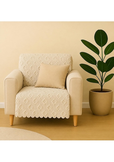 Sycamore Home Tekli Koltuk Örtüsü 110x175 Cm 3 Lü Koltuk Oturma Yeri Örtüsü Şönil Jakarlı Kaymaz Yıkanabilir Koltuk Örtüsü Krem