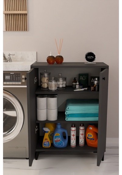 Çok Amaçlı Banyo & Çamaşır Odası Dolabı, Ayarlanabilir Raflı, Kapaklı Modern Banyo Dolabı Antrasit