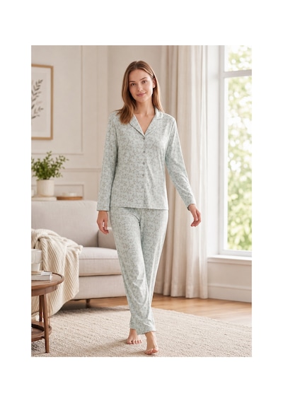 Flz Kadın Kışlık Viskon Pijama Takımı M L Xl Xxl Uzun Kollu Boydan Düğmeli Şık Ev Giyim 89-164 Mint