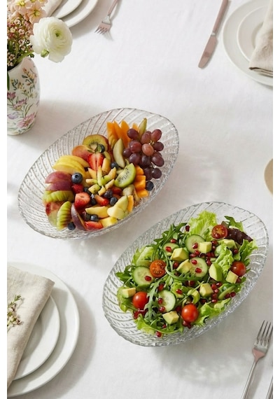 Selen Concept İnci Model El Yapımı Cam Gondol Salata Kasesi Meyvelik Ve Sunumluk 2'li Set Şeffaf