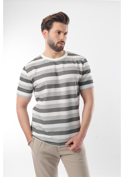 Madmext Haki Bisiklet Yaka Çizgili Erkek T-shirt E7118 Haki