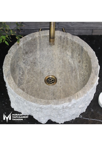 Gümüş Traverten Dizayn Patlatma Silindir Lavabo