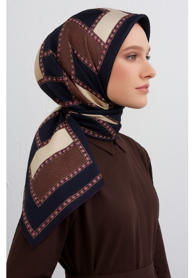 Vissona Tivil İpek Eşarp 17445 - 0026 - 0033 Lacivert Krem Geometrik Desen Lacivert