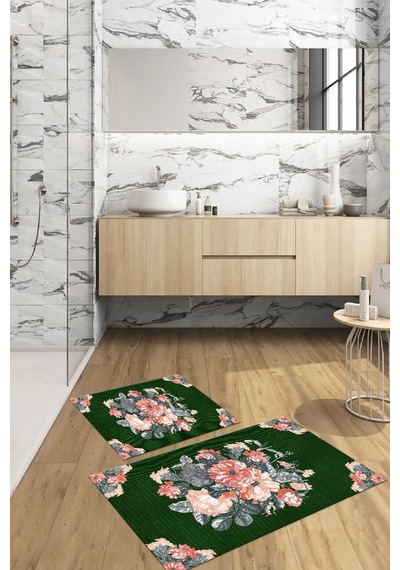 Buççin Online Mağaza Dijital Baskılı Yıkanabilir Kaymaz Taban Çiçek Detaylı Banyo Paspası Klozet Takımı Polyester Yeşil Çok Renkli