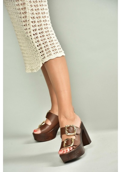 Fox Shoes U820376609 Kahverengi Kalın Topuklu Kadın Terlik Kahverengi-suni Deri
