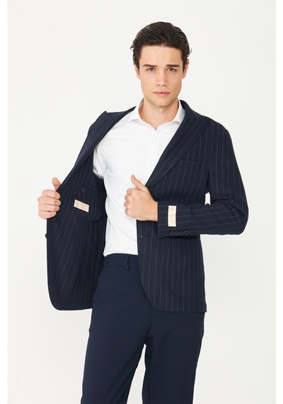 Lacivert Çizgili Spor Blazer Ceket Laci