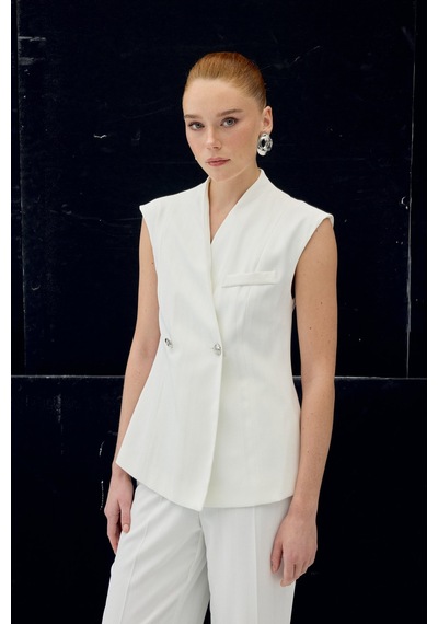 Sateen Anna Çizgili Yelek - Ekru-137103 Ekru