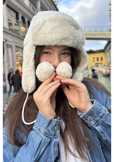 Mollycrush Genç Beyaz Peluş Pilot Şapka Uniseks Kışlık Ushanka Tarzı Bej