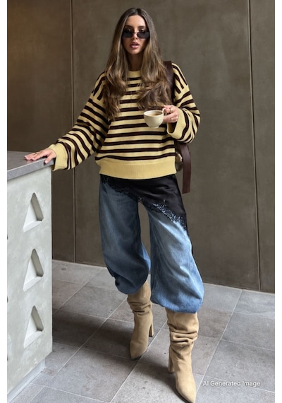 Madmext Sarı Çizgili Bisiklet Yaka Oversize Kadın Kazak Mg2894